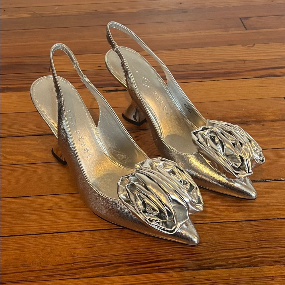 Katy Perry The Laterr  Pointed Toe Metallic Silver Slingback Heels Size 7.5 - Picture 5 of 13